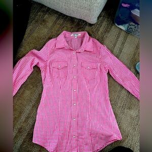 Daniel Rainn ladies size small pink& white plaid checkered/western button-down
